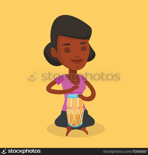 An african-american musician playing ethnic drum. Young woman with eyes closed playing ethnic drum. Woman playing ethnic music on tom-tom. Vector flat design illustration. Square layout.. Woman playing ethnic drum vector illustration.