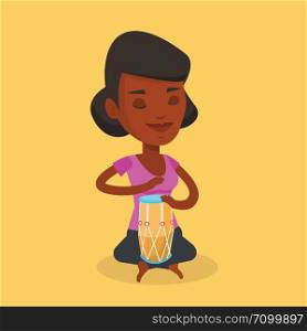 An african-american musician playing ethnic drum. Young woman with eyes closed playing ethnic drum. Woman playing ethnic music on tom-tom. Vector flat design illustration. Square layout.. Woman playing ethnic drum vector illustration.