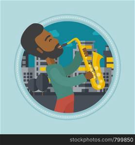 An african-american musician playing on saxophone. Man playing on saxophone in the night. Man with saxophone in the city street. Vector flat design illustration in the circle isolated on background.. Musician playing saxophone vector illustration.