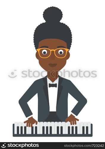 An african-american musician playing piano vector flat design illustration isolated on white background.. Woman playing piano.