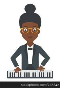 An african-american musician playing piano vector flat design illustration isolated on white background.. Woman playing piano.