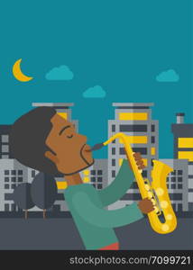 An african-american musician playing saxophone in the streets at night vector flat design illustration. Vertical layout with a text space.. Saxophonist.