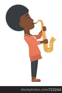 An african-american musician playing saxophone vector flat design illustration isolated on white background.. Woman playing saxophone.