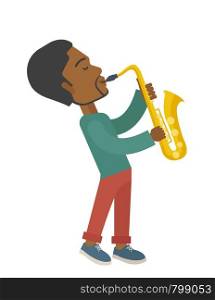 An african-american musician playing saxophone vector flat design illustration isolated on white background. Vertical layout.. Saxophonist.