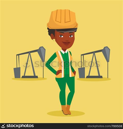 An african-american oil worker in uniform and helmet. Confident oil worker standing with crossed arms. Oil worker standing on the background of pump jack. Vector flat design illustration Square layout. Confident oil worker vector illustration.
