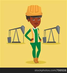 An african-american oil worker in uniform and helmet. Confident oil worker standing with crossed arms. Oil worker standing on the background of pump jack. Vector flat design illustration Square layout. Confident oil worker vector illustration.