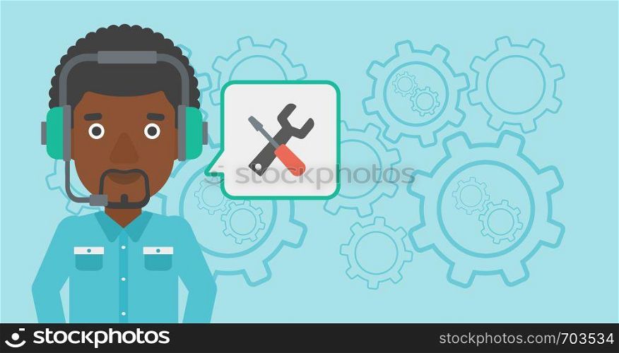 An african-american operator of technical support wearing headphone set. Technical support operator and speech square with screwdriver and wrench. Vector flat design illustration. Horizontal layout.. Technical support operator vector illustration.