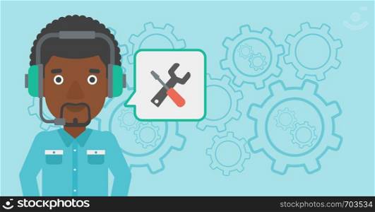 An african-american operator of technical support wearing headphone set. Technical support operator and speech square with screwdriver and wrench. Vector flat design illustration. Horizontal layout.. Technical support operator vector illustration.