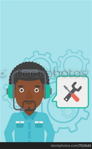 An african-american operator of technical support wearing headphone set. Technical support operator and speech square with screwdriver and wrench. Vector flat design illustration. Vertical layout.. Technical support operator vector illustration.