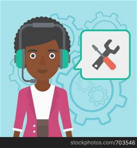 An african-american operator of technical support wearing headphone set. Technical support operator and speech square with screwdriver and wrench. Vector flat design illustration. Square layout.. Technical support operator vector illustration.