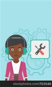 An african-american operator of technical support wearing headphone set. Technical support operator and speech square with screwdriver and wrench. Vector flat design illustration. Vertical layout.. Technical support operator vector illustration.