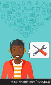 An african-american operator of technical support with headphone set and speech square on a blue background with business icons vector flat design illustration. Vertical layout.. Operator of technical support.