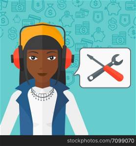 An african-american operator of technical support with headphone set and speech square on a blue background with business icons vector flat design illustration. Square layout.. Operator of technical support.