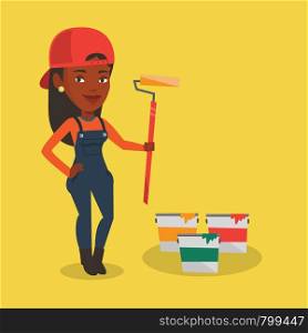 An african-american painter in uniform holding paint roller in hands. Young happy house painter at work. Smiling female painter standing near paint cans. Vector flat design illustration. Square layout. Painter holding paint roller vector illustration.