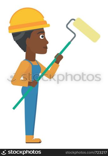 An african-american painter standing with a paint roller vector flat design illustration isolated on white background.. Painter with paint roller.