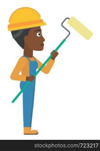 An african-american painter standing with a paint roller vector flat design illustration isolated on white background.. Painter with paint roller.