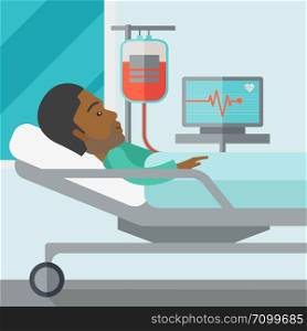 An african-american patient lying in hospital bed with heart rate monitor and drop counetr vector flat design illustration. Square layout.. Patient lying in bed.