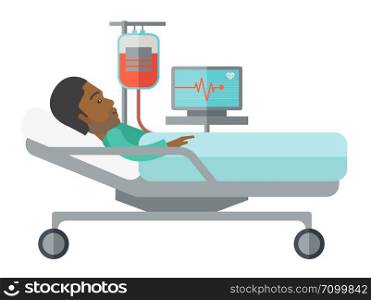 An african-american patient lying in hospital bed with heart rate monitor and drop counetr isolated on white background. Horizontal layout with a text space for a social media post.. Patient lying in bed.