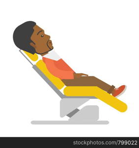 An african-american patient sitting in the dental chair vector flat design illustration isolated on white background. Square layout.. Patient in dental chair.