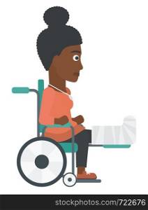 An african-american patient with broken leg sitting in wheelchair vector flat design illustration isolated on white background. . Patient sitting in wheelchair.