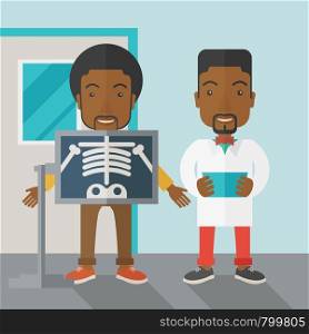 An african-american patient with x-ray screen showing his skeleton and doctor holding a radiograph vector flat design illustration. Square layout.. X-rays.