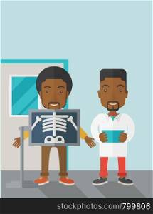 An african-american patient with x-ray screen showing his skeleton and doctor holding a radiograph vector flat design illustration. Vertical poster layout with a text space.. X-rays.