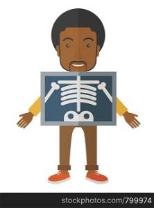 An african-american patient with x-ray screen showing his skeleton vector flat design illustration isolated on white background. Vertical poster layout.. X-rays.
