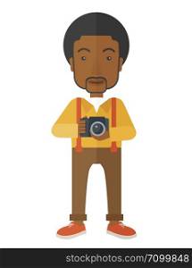 An african-american photographer holding a camera vector flat design illustration isolated on white background. Vertical layout.. Photographer.