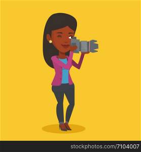 An african-american photographer working with digital camera. Female photographer taking a photo. Young photographer taking a picture. Vector flat design illustration. Square layout.. Photographer taking photo vector illustration.
