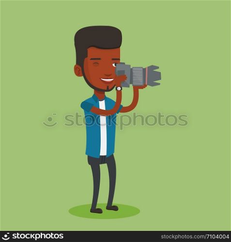 An african-american photographer working with digital camera. Professional photographer taking a photo. Young photographer taking a picture. Vector flat design illustration. Square layout.. Photographer taking photo vector illustration.