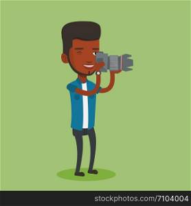 An african-american photographer working with digital camera. Professional photographer taking a photo. Young photographer taking a picture. Vector flat design illustration. Square layout.. Photographer taking photo vector illustration.