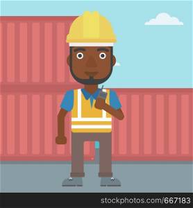 An african-american port worker talking on wireless radio. Port worker standing on cargo containers background. Man using wireless radio. Vector flat design illustration. Square layout.. Port worker talking on wireless radio.