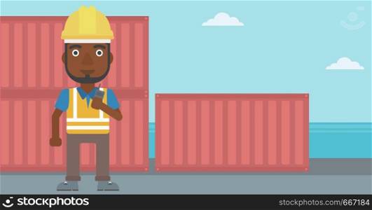 An african-american port worker talking on wireless radio. Port worker standing on cargo containers background. Man using wireless radio. Vector flat design illustration. Horizontal layout.. Port worker talking on wireless radio.