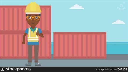 An african-american port worker talking on wireless radio. Port worker standing on cargo containers background. Woman using wireless radio. Vector flat design illustration. Horizontal layout.. Port worker talking on wireless radio.