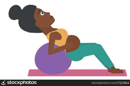 An african-american pregnant woman doing exercises with a gymnastic ball vector flat design illustration isolated on white background. . Pregnant woman on gymnastic ball.