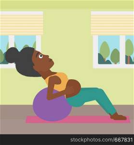An african-american pregnant woman doing exercises with ball indoor. Young pregnant woman doing exercises lying on fitball. Vector flat design illustration. Square layout.. Pregnant woman on gymnastic ball.