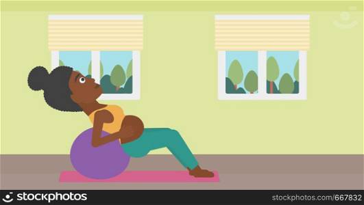 An african-american pregnant woman doing exercises with ball indoor. Young pregnant woman doing exercises lying on fitball. Vector flat design illustration. Horizontal layout.. Pregnant woman on gymnastic ball.