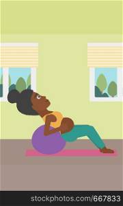 An african-american pregnant woman doing exercises with ball indoor. Young pregnant woman doing exercises lying on fitball. Vector flat design illustration. Vertical layout.. Pregnant woman on gymnastic ball.
