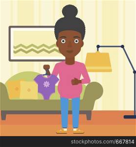 An african-american pregnant woman holding clothes for her baby. Pregnant woman with bodysuit for baby. Pregnant woman with presents at baby shower. Vector flat design illustration. Square layout.. Pregnant woman with clothes for baby.