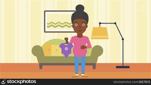 An african-american pregnant woman holding clothes for her baby. Pregnant woman with bodysuit for baby. Pregnant woman with presents at baby shower. Vector flat design illustration. Horizontal layout.. Pregnant woman with clothes for baby.