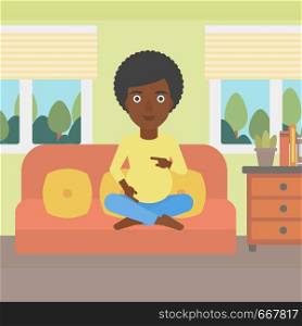 An african-american pregnant woman holding her hands on belly. Young pregnant woman sitting on a sofa at home. Vector flat design illustration. Square layout.. Happy pregnant woman vector illustration.