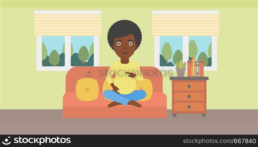 An african-american pregnant woman holding her hands on belly. Young pregnant woman sitting on a sofa at home. Vector flat design illustration. Horizontal layout.. Happy pregnant woman.