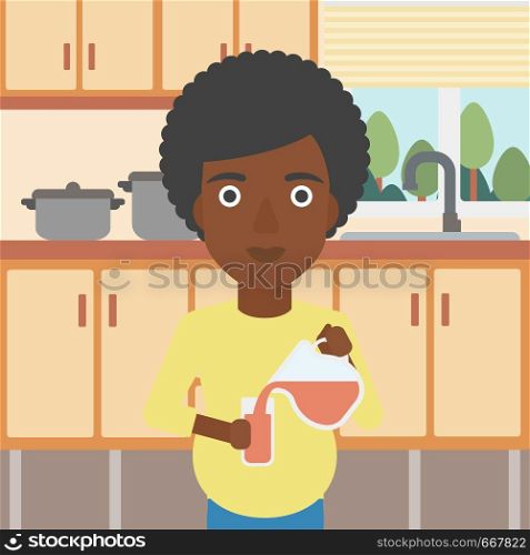 An african-american pregnant woman pouring juice in glass. Pregnant woman drinking juice. Concept of healthy nutrition during pregnancy. Vector flat design illustration. Square layout.. Pregnant woman pouring juice vector illustration.