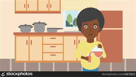 An african-american pregnant woman pouring juice in glass. Pregnant woman drinking juice. Concept of healthy nutrition during pregnancy. Vector flat design illustration. Horizontal layout.. Pregnant woman pouring juice.