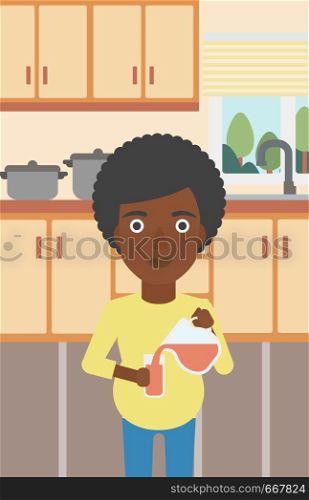 An african-american pregnant woman pouring juice in glass. Pregnant woman drinking juice. Concept of healthy nutrition during pregnancy. Vector flat design illustration. Vertical layout.. Pregnant woman pouring juice.