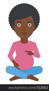 An african-american pregnant woman sitting with crossed legs vector flat design illustration isolated on white background. . Pregnant woman sitting.