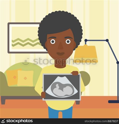 An african-american pregnant woman standing with ultrasound image on the background of living room. Pregnant woman showing ultrasound photo. Vector flat design illustration. Square layout.. Pregnant woman with ultrasound image.