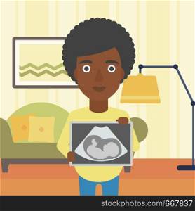 An african-american pregnant woman standing with ultrasound image on the background of living room. Pregnant woman showing ultrasound photo. Vector flat design illustration. Square layout.. Pregnant woman with ultrasound image.