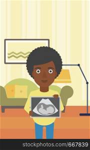 An african-american pregnant woman standing with ultrasound image on the background of living room. Pregnant woman showing ultrasound photo. Vector flat design illustration. Vertical layout.. Pregnant woman with ultrasound image.