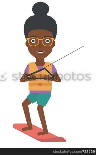 An african-american professional wakeboard sportswoman vector flat design illustration isolated on white background.. Professional wakeboard sportswoman.